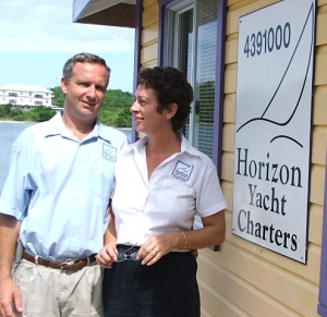 grenada saling - Jacqui with husband james outside their Horizon Yacht Charters office true blue bay