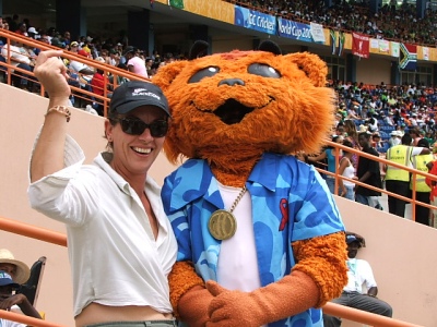 grenada saling - Jacqui with world cup cricket mascott melo